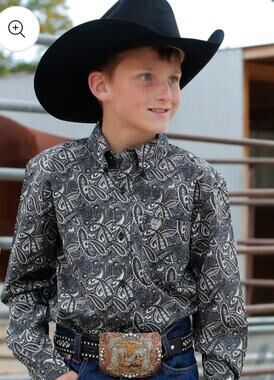 M1245)Cinch Boys Gray Paisley Print Western Button Down Long Sleeve Shirt L (12)